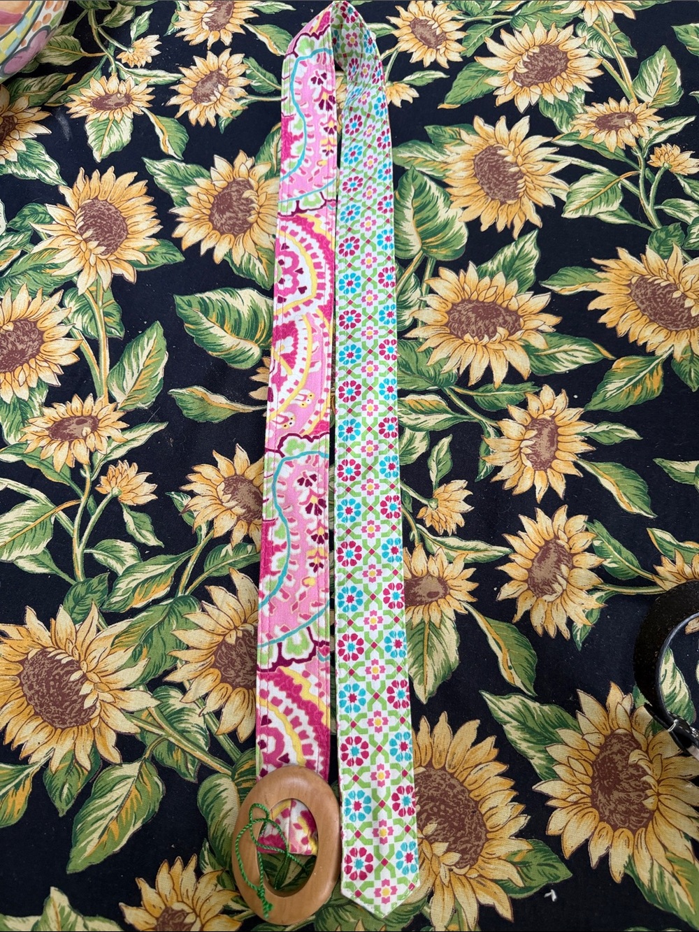 Vera Bradley Pink and Teal Printed Fabric Belt with Wooden Buckle